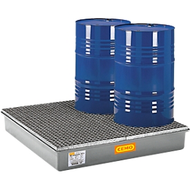 Bac de rétention 220/4 - en plastique renforcé de fibres de verre (PVR) - 220 litres - pour 4 fûts de 220 litres - L 1280 x l. 1280 x H 180 mm - avec caillebotis