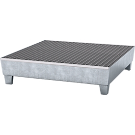 Bac de rétention ASECOS, en acier, avec grille et patins de chariot élévateur, capacité de 200 l, L 1210 x P 1240 x H 285 mm, galvanisé