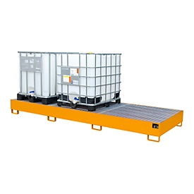 Bac de rétention AW 1000-3, pour 3 conteneurs IBC à 1000 l ou 10 fûts à 200 l, L 3850 x L 1300 x H 340 mm, accessible par le dessous, jaune-orange