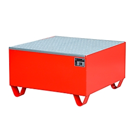 Bac de rétention en acier avec caillebotis, 800 x 800 mm, rouge RAL 3000