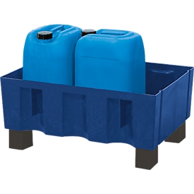 Bac de rétention, en polyéthylène, avec 4 pieds, sans caillebotis, pour conteneurs 60 L ou petits récipients, l. 714 x P 525 x H 330 mm