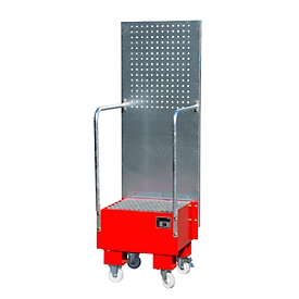 Bac de rétention mobile avec panneau perforé, en acier, capacité 1 fût de 60 L, rouge