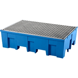 Bac de rétention, pour 2 fûts de 200 l chacun, avec ouvertures pour transpalette, L 865 x P 1245 x H 350 mm, avec grille galvanisée, polyéthylène, bleu