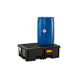 Bac de rétention pour palette PE CEMO 220/2 pour 1 palette Euro, L 1230 x l 830 x H 390 mm, 220 l, pour 2 fûts de 200 l, caillebotis PE
