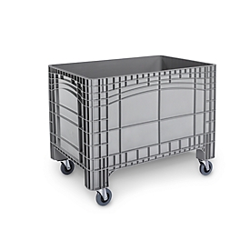 Bac de transport et gerbable, sans couvercle, fond et parois pleins, volume 535 l, charge max. 300 kg, roues pivotantes et fixes, L 1200 x P 800 x H 950 mm, polyéthylène alimentaire, gris