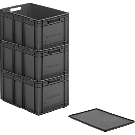Bacs aux normes européennes série EF 6320, capacité 63,7 l, poignée traversante, gris fer, couvercle inclus, 3 pièces