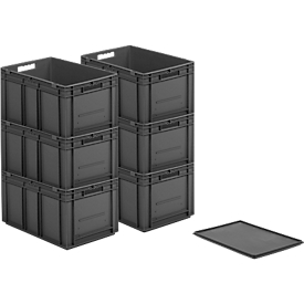 Bacs aux normes européennes série EF 6320, capacité 63,7 l, poignée traversante, gris fer, couvercle inclus, 6 pièces