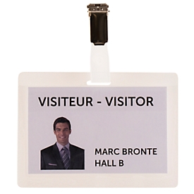 Badge nominatif Tarifold, à plastifier soi-même, avec clip de fixation et feuilles d'impression A4, L 104 x H 74 mm, transparent, 25 pièces