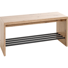 Banc à chaussures HAKU, pour jusqu'à 3 paires de chaussures, charge totale 85 kg, L 800 x P 300 x H 400 mm, acier/bois, noir/décor chêne clair