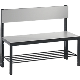 Banc Basic Plus, 1 côté, dossier, avec grille à chaussures, piétement 4 pieds gris noir RAL 7021, L 1000 mm, décor gris argenté