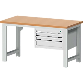 Banco de trabajo Bott cubio, regulable en altura manualmente, encimera de haya 40 mm, An 1500 x Pr 750 x Al 740-1140 mm, hasta 1200 kg, gris claro RAL 7035