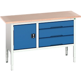 Banco de trabajo Bott verso, hasta 600 kg, 3 cajones & 1 puerta, ancho 1500 x fondo 600 x alto 830 - 930 mm, haya multiplex, acero, gris claro RAL 7035 / azul genciana RAL 5010