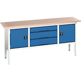 Banco de trabajo Bott verso, hasta 800 kg, 3 cajones + 2 puertas, ancho 2000 x fondo 600 x alto 930 mm, haya multiplex, acero, gris claro RAL 7035 / azul genciana 5010