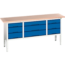 Banco de trabajo Bott verso, hasta 800 kg, 9 cajones, ancho 2000 x fondo 600 x alto 930 mm, haya multiplex, acero, gris claro RAL 7035 / azul genciana 5010