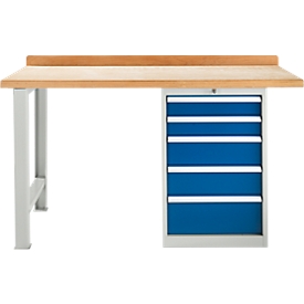Banco de trabajo modular Schäfer Shop Select, mueble básico, tablero multiplex de haya, hasta 500 kg, An 1500 x Pr 700 x Al 840 mm, gris claro ral 7035/ azul genciana ral 5010