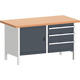 Banco de trabajo tipo caja Bott KW-1578-2.3, 3 cajones cerrados, puerta abatible, encimera de haya cobriza, 1500 x 750 x 840 mm, antracita/gris claro
