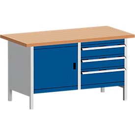 Banco de trabajo tipo caja Bott KW-1578-2.3, 3 cajones cerrados, puerta abatible, encimera de haya cobriza, 1500 x 750 x 840 mm, azul genciana/gris claro