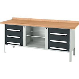Banco de trabajo tipo caja Schäfer Shop Select PW 200-2, tablero multiplex de haya, hasta 750 kg, An 2000 x Pr 700 x Al 840 mm, antracita