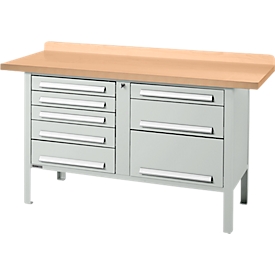 Banco de trabajo tipo caja Schäfer Shop Select PWi 150-8, tablero de fibras de densidad media (MDF), hasta 750 kg, An 1500 x Pr 680 x Al 838 mm, gris claro 