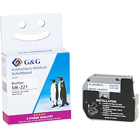 Bande d'écriture G&amp;G, compatible avec Brother M-K221BZ, noir sur blanc, autocollant, plastique, L 8 m x l 9 mm, 1 pièce