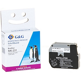 Bande d'écriture G&amp;G, compatible avec Brother M-K231BZ, noir sur blanc, autocollant, plastique, L 8 m x l 12 mm, 1 pièce