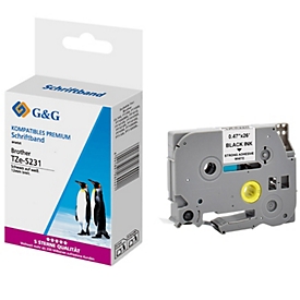 Bande d'écriture G&amp;G, compatible avec Brother TZe-S231, noir sur blanc, autocollant extra fort, plastique, L 8 m x l 12 mm, 1 pièce
