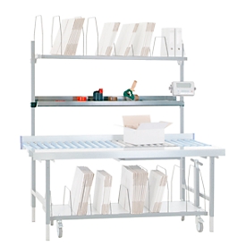 Bandeja para embalaje y mesa de trabajo Hüdig + Rocholz System 2000, regulable en altura, ancho 1630 x fondo 230 mm, chapa de acero, gris claro
