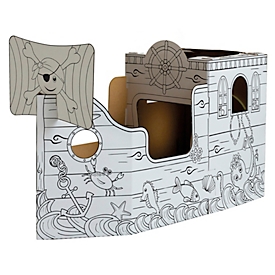 Bankers Box Piratenschiff XL, jouet en carton à colorier, carton ondulé, certifié FSC, portes/fenêtres interactives, à partir de 3 ans, L 790 x P 1350 x H 505 mm, blanc