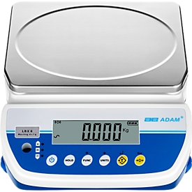 Bankweegschaal Adam Latitude LBX 12, weegbereik 2 g-12 kg, LC-display, netvoeding/batterij, B 255 x D 290 x H 105 mm, roestvrij staal, wit-blauw