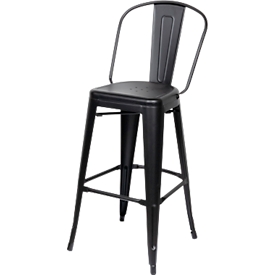 Barhocker Paperflow URBAN, Rückenlehne, stapelbar, UV-behandelt, perforierte Sitzfläche, B 360 x H 365 x H 760 mm, Stahl verzinkt, schwarz/schwarz, 2 Stück