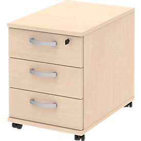BARI file cabinet on castors, material tray, 3 drawers, lockable, W 427 x D 600 x H 544 mm, maple/maple/aluminum