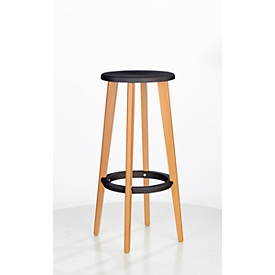 Barkruk WOODY, ABS-kunststof, met voetenring, massief houten poten, zithoogte 760 mm, 2 stuks, zwart