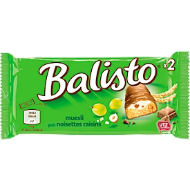 Barre chocolatée muesli Balisto, avec crème de noisettes et raisins secs, 20 sachets x 37 g