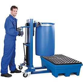 Barrel lifter asecos, with foot pump, W 830 x H 1605 x D 1140 mm, lifting range 120 - 520 mm, narrow frame