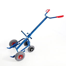 Barrel trolley with 2 support wheels, pneumatic tyres, for transporting 200 l steel barrels with rims