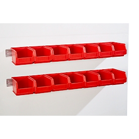 Barres d'accrochage Schäfer Shop Select, 2 pièces, avec 14 bacs à bec SSI Schäfer série PROFI LF 221, matériel de fixation inclus, L 1135 x l 68 x P 2 mm, tôle d'acier, galvanisé