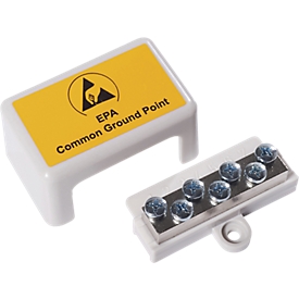Barrette de connexion à la terre ESD Bedrunka+Hirth, pour la mise à la terre des personnes, avec 7 connexions à vis pour cosses, oeillet 4 mm, couvercle plastique, blanc