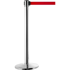 Barrier post, chrome silver, webbing red, extendable up to 2 m, self-retracting, with brake, Ø 360 x H 1040 mm, chrome-plated metal