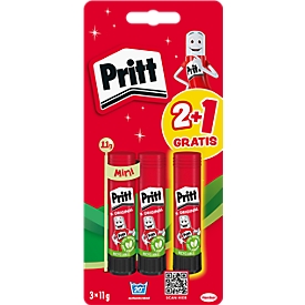 Bâton de colle Pritt, sans solvant, lavable, avec capuchon, plastique recyclé, set de 3 pièces de 11 g chacune