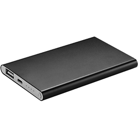 Batterie externe, 4000 mAh, USB & micro-USB, aluminium, extra plat, noir, impression publicitaire 80 x 40 mm
