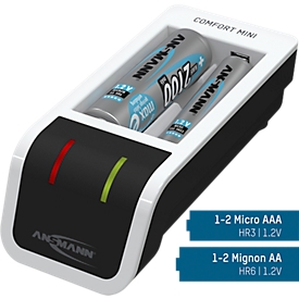 Batterijlader Ansmann Comfort Mini, voor 1-2 Mignon AA/Micro AAA, laadindicator, incl. 2 x AA batterijen & USB-kabel