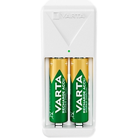Batterijlader Varta Mini, 2x AA/AAA, laadtijd 4,5 h, EU-stekker, 100-240 h, incl. 2 AA-batterijen, B 43 x D 63 x H 103 mm, wit
