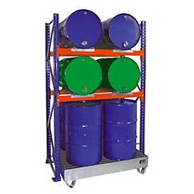 BAUER 3011 drum rack, sheet steel, add-on rack, sump tray w. grid, W 1430 x D 800 x H 2500 mm