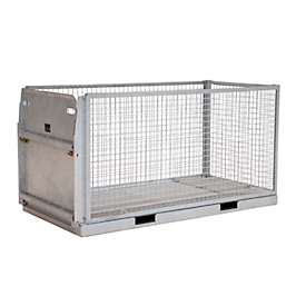 Bauer Gitterbehälter MTP 2000, mit Tränenblechboden, Auffahrrampe & 4 Verzurrösen, 3-seitiges Drahtgitter, feuerverzinkt, B 2145 x T 1085 x H 1120 mm
