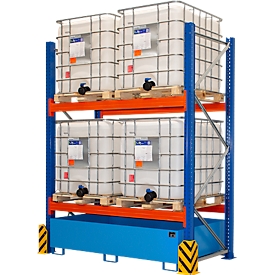 BAUER milieurekken UR-G 2200-2, palletstelling, B 2400 x D 1300 x H 3000 mm, voor max. 4 IBC's, opvangbak 1000 l, lichtblauw/verkeersblauw/puur oranje