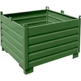 Bauer Sammelbehälter-System SBS 1000, L 1200 x B 1200 x H 850 mm, bis zu 3-fach stapelbar, lackiert, mit Transportwagen, resedagrün RAL 6011