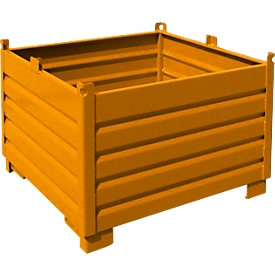 Bauer SBS 1000 opvangbaksysteem, L 1200 x B 1200 x H 850 mm, tot 3 hoog stapelbaar, gelakt, met transportwagen, geel-oranje RAL 2000