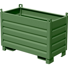 Bauer SBS 500 opvangbaksysteem, L 600 x B 1200 x H 850 mm, stapelbaar tot 3 hoog, gelakt, met transportwagen, reseda groen RAL 6011