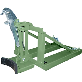 Bauer vatenheffer RS-I/D 91, voor vorkheftruck, 1 x 110 tot 200 dekselvaten, L 1285 x B 585 x H 810 mm, tot 800 kg, staal, reseda groen