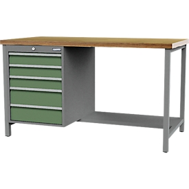 Bedrunka+Hirth box-type workbench, beech multiplex worktop, 5 drawers &amp; half shelf, lockable, up to 1000 kg, W 1500 x D 750 x H 859 mm